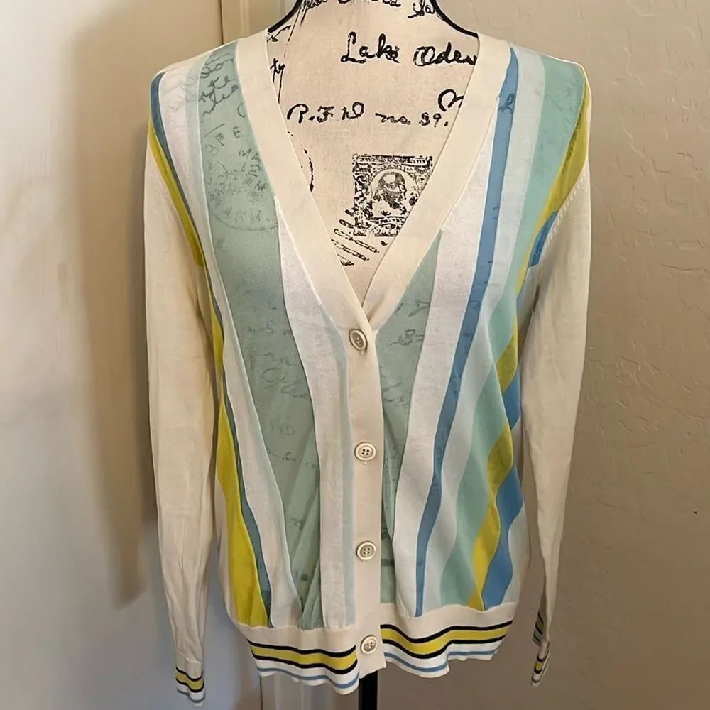 Diane Von Furstenberg Stripe Multi Color Button Closure Lightweight Cardigan
